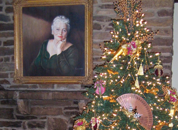 Painting of Pearl Buck and Christmas tree