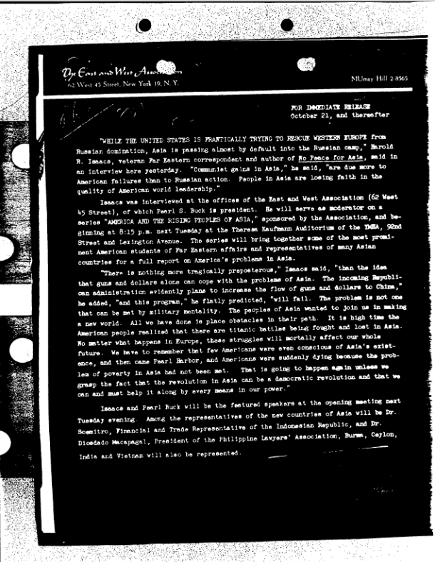 East and West Association Press Release October 21, 1948